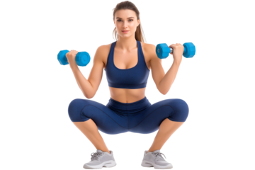 Woman Doing Squats with Dumbbells in Gym Attire on White Background
