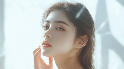 Beautiful Japanese woman with her hand on her face, a skin care advertising concept 