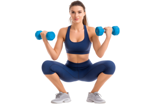 Woman Doing Squats with Dumbbells in Gym Attire on White Background