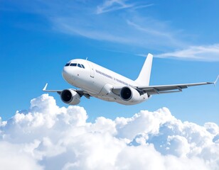 Fototapeta premium Airplane soaring through fluffy clouds