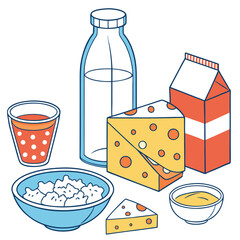 Colorful Dairy Products Illustration – Milk, Cheese, Yogurt, and Juice Assortment for Healthy Eating