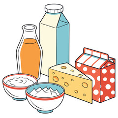 Colorful Dairy Products Illustration &ndash; Milk, Cheese, Yogurt, and Juice Assortment for Healthy Eating