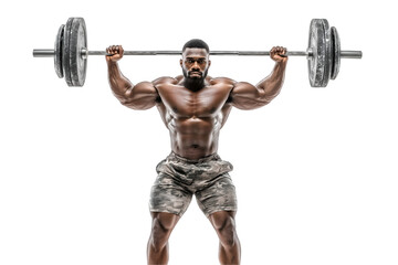 Man Lifting Barbell Overhead in Intense Workout on White Background