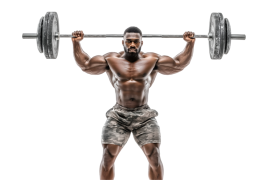 Man Lifting Barbell Overhead in Intense Workout on White Background