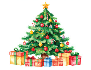 Watercolor Christmas tree with colorful ornaments and wrapped gifts for festive holiday decoration, watercolor illustration