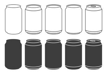 Soda, beer aluminium can icon shape outline set. Line art Drink packing container logo, sign, silhouette collection. Vector illustration image. Isolated on white background.