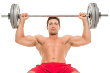 Man lifting barbell overhead shows strength and fitness on white