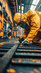 Industrial worker in protective suit performing maintenance task