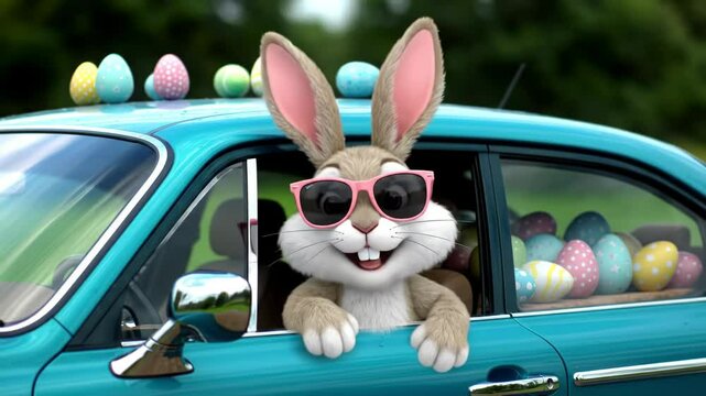Cute rabbit driving a blue car decorated with colorful Easter eggs in a sunny outdoor setting