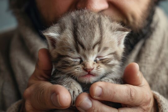 newborn kitten with closed eyes in man hands, close-up view