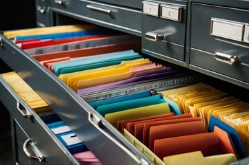 open metal filing drawer with folders organized inside, office efficiency theme