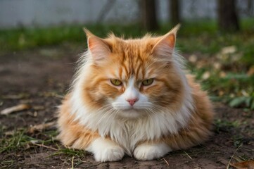 orange and white cat with fluffy fur sitting on ground