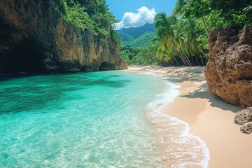 Secluded tropical beach cove, turquoise water, palm trees, cliffs