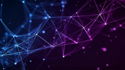 Digital mesh in purple and blue with glowing geometric lines and dots, showing tech flow and network grid movement on a dark abstract background - Powered by Adobe