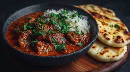 Butter chicken curry with naan bread and rice bowl