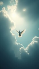 peaceful scene of a dove in cloudy sky, soft beam of light breaking through clouds
