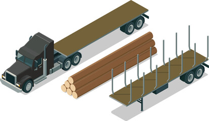 Isometric logging truck trailer empty flatbed