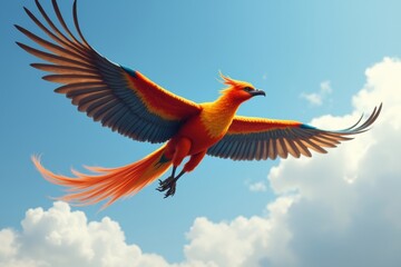 Fototapeta premium gorgerous red phoenix bird flying in sky, myphological creature