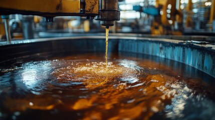 Oil is processed and cleaned of impurities at a preparation facility, ensuring high quality before transportation. The facility features various industrial equipment and machinery