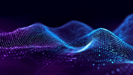 Abstract blue dot wave on a dark purple digital mesh, flowing like a smooth tech flow path in a futuristic network grid background