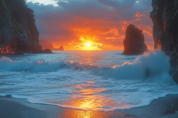 Ocean sunset between volcanic rocks, waves crash on beach