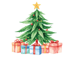 Watercolor Christmas tree with colorful ornaments and wrapped gifts for festive holiday decoration, watercolor illustration