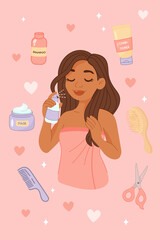 Black woman using hair mist with beauty tools around