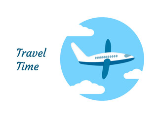 Airplane flying in the sky, clouds and text time to travel on a white background. Vector illustration. Horizontal banner for advertising and sale with space for text. Background for flights and travel