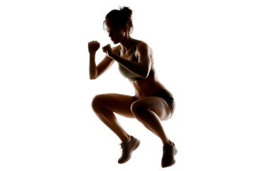 Silhouette of Athletic Woman Jumping in Squat Position on White
