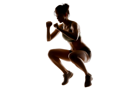 Silhouette of Athletic Woman Jumping in Squat Position on White
