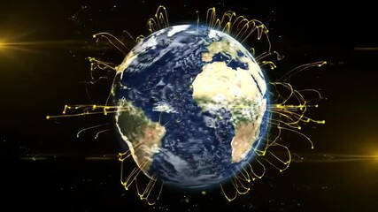 Global connectivity illustrated with dynamic lines around Earth showcasing technology and communication
