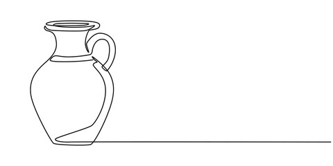 One line drawing of ancient Greek clay vase, isolated on white background, one continuous line drawing of antique water jug.one line drawing of clay jug.antique jug icon.single line vector.