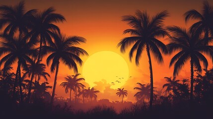 Silhouettes of palm trees at sunset.
