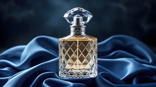 Elegant Amber-Hued Perfume Bottle with Diamond-Cut Stopper on Silken Drapes - Powered by Adobe