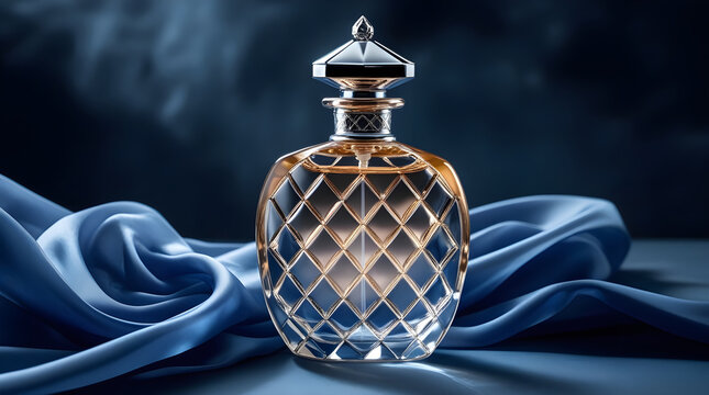 Exquisite Diamond-Patterned Perfume Bottle with Ornate Silver Stopper on Shimmering Blue Silk