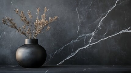 Dark vase with dried plants on a dark surface.