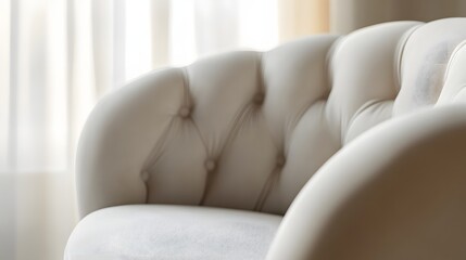 Close-up of a light beige tufted armchair.