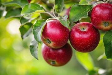 Red apples hanging on a branch in orchard.
