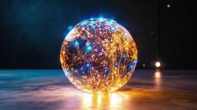 A high-tech sphere featuring radiant data paths and blue light nodes, illustrating AI-driven global communication