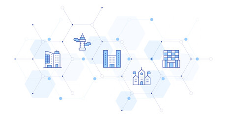 Urban Banner Vector Illustration with Icon Style in Between. Line Duotone icon. Containing. building, skyscrapper, town hall, office