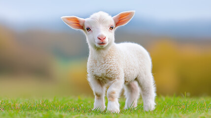 Fototapeta premium Young lamb playing in a lush green meadow during springtime
