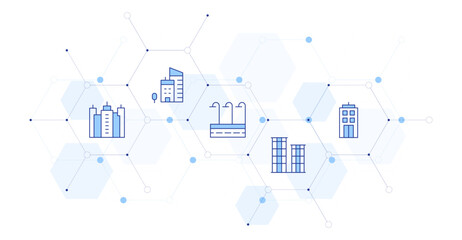 Urban Banner Vector Illustration with Icon Style in Between. Line Duotone icon. Containing. city, office building, street lights, buildings, building