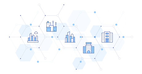 Urban Banner Vector Illustration with Icon Style in Between. Line Duotone icon. Containing. cityscape, kibera, hotel, company