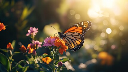 Monarch Butterfly on Vibrant Flower in Golden Light