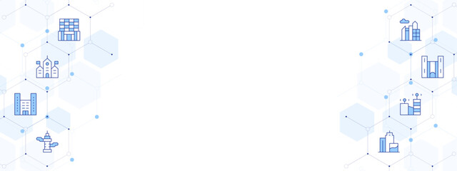 Urban Banner Vector Illustration with Two-sided Icon Style. Line Duotone icon. Containing. office, town hall, building, skyscrapper, urban art, smart city, architectonic, skyline