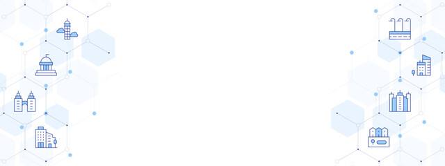 Urban Banner Vector Illustration with Two-sided Icon Style. Line Duotone icon. Containing. skyscraper, politics, building, village, city, office building, street lights