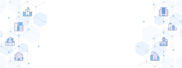 Urban Banner Vector Illustration with Two-sided Icon Style. Line Duotone icon. Containing. town hall, town, city, hospital, building, streetlight