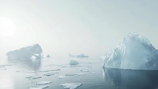 Icebergs in a misty arctic landscape.  Vast expanse of icy ocean