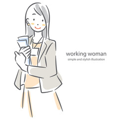 心身ともに健康に働く若い女性　手描き水彩風のお洒落な線画イラスト