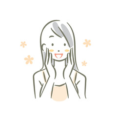 若い女性のスキンケア　手描き水彩風のお洒落な線画イラスト